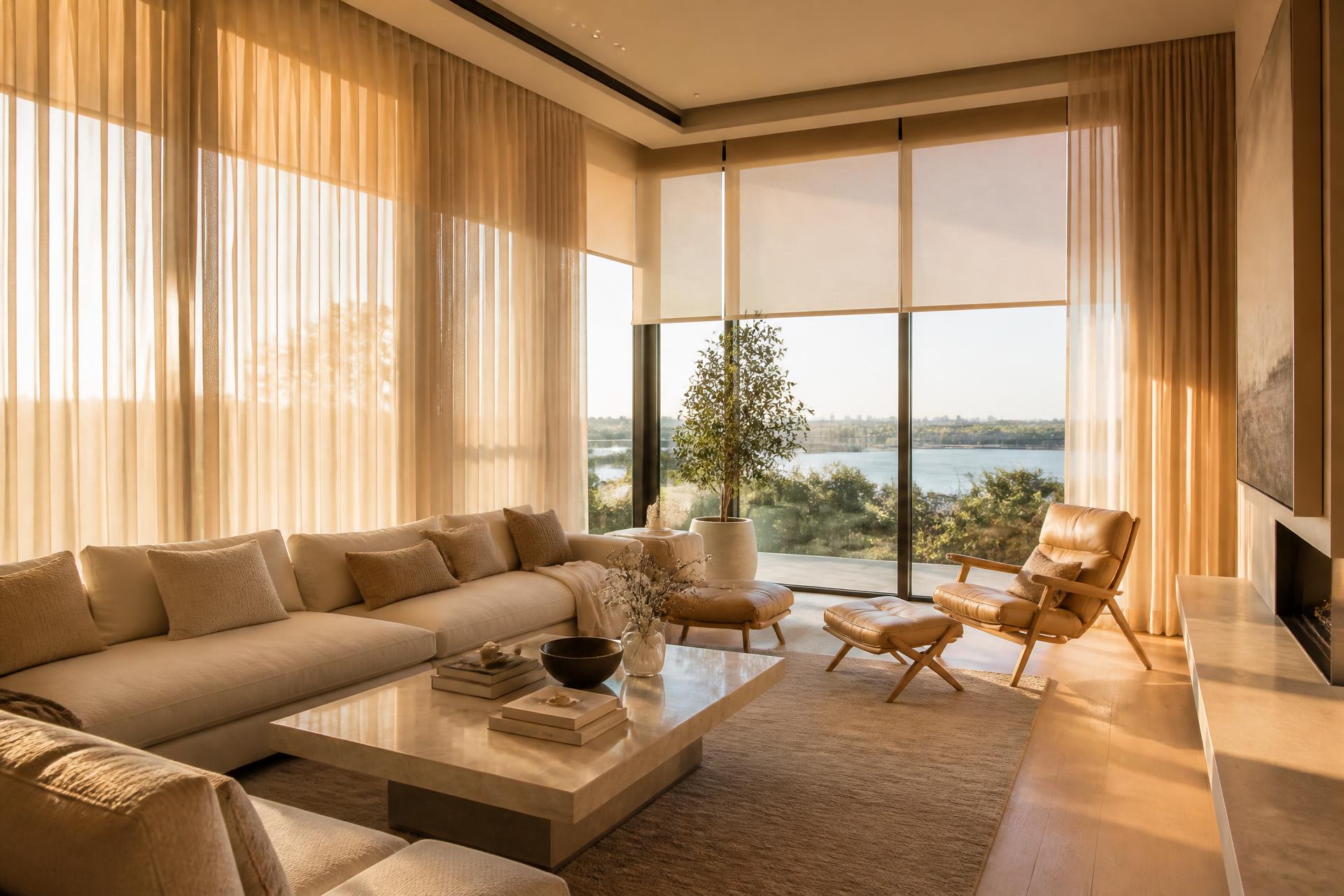 Sala elegante com cortinas e persianas Gabriella Decorações
